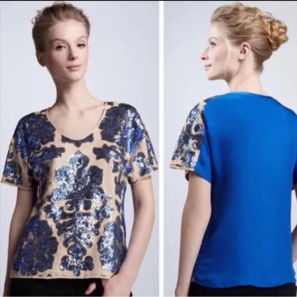 Tracy Reese Blue sequin Design Blouse Size Small